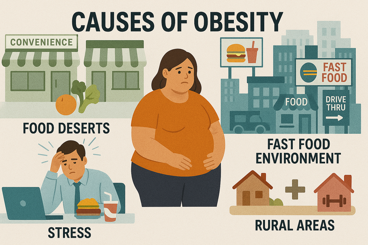 An infographic-style illustration showing multiple causes of obesity.