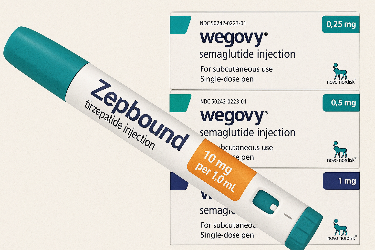 A combination image shows an injection pen of Zepbound, Eli Lilly's weight loss drug, and boxes of Wegovy, made by Novo Nordisk......